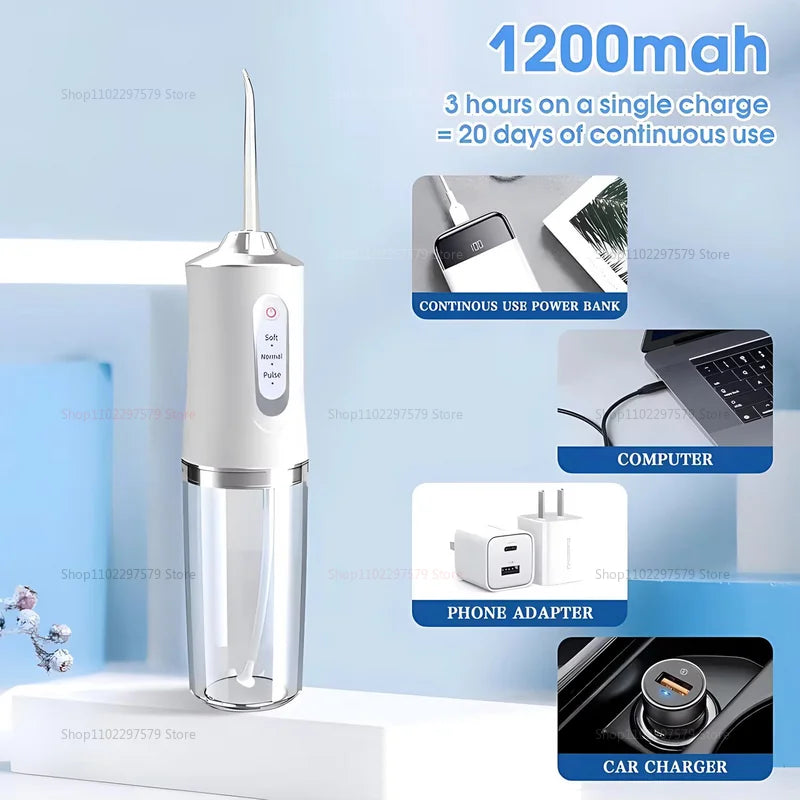 Irrigador oral elétrico portátil, fio dental de água, 4 jatos, 3 modos, recarregável, limpador dental para viagens em casa e uso diário