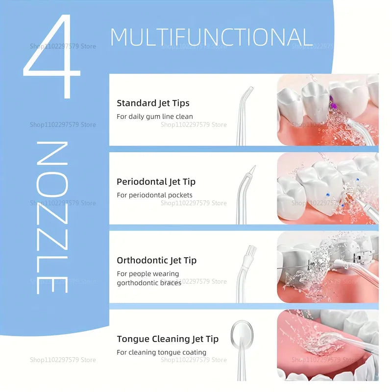 Irrigador oral elétrico portátil, fio dental de água, 4 jatos, 3 modos, recarregável, limpador dental para viagens em casa e uso diário