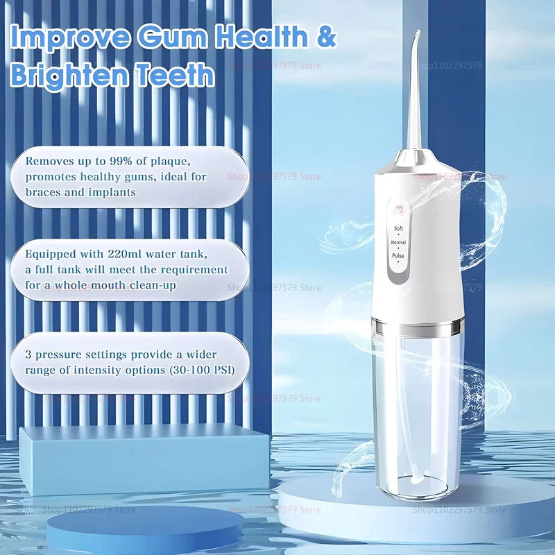 Irrigador oral elétrico portátil, fio dental de água, 4 jatos, 3 modos, recarregável, limpador dental para viagens em casa e uso diário