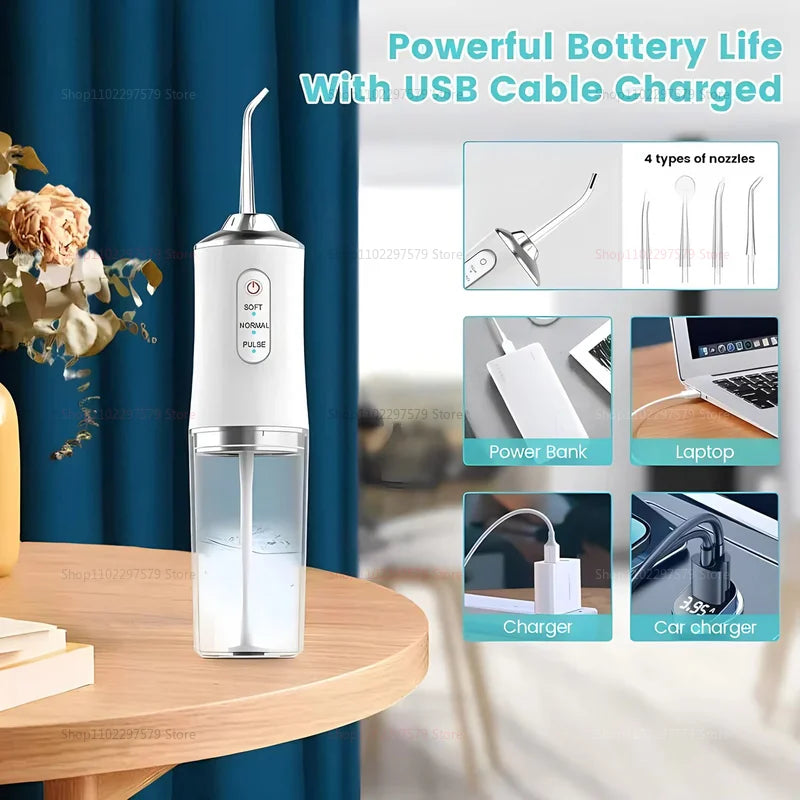 Irrigador oral elétrico portátil, fio dental de água, 4 jatos, 3 modos, recarregável, limpador dental para viagens em casa e uso diário